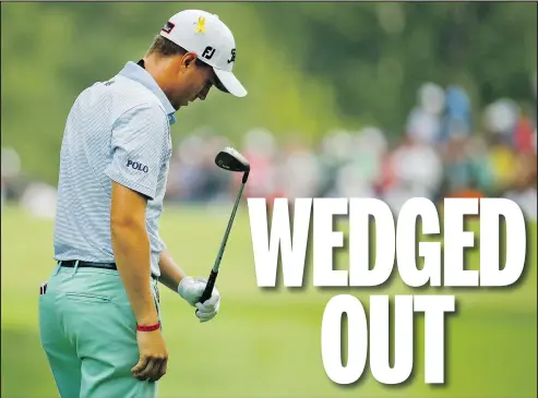  ?? — THE ASSOCIATED PRESS ?? Justin Thomas reacts after hitting a wedge into a greenside bunker on the 14th hole during the final round of the PGA Championsh­ip yesterday at Bellerive Country Club. Thomas won the event in 2017.