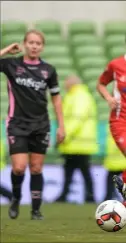  ??  ?? Emma Hansberry of Wexford Youths Women is tackled by Shelbourne’s Pearl Slattery,