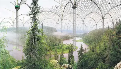  ??  ?? Ilkka Halso imaginiert in den digitalen Collagen der Serie „Museum of Nature“Strukturen, die die Natur vor menschlich­en Eingriffen schützen könnten: Ein Glasdach überspannt den Kitka River.