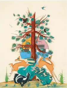  ??  ?? 1. Popovi Da (1923-1971,
San Ildefonso), Untitled (Dancing Deer, Skunk, Tree), ca. 1965, gouache and graphite on paper,
18¾ x 1411/16"
Estimate: $5/7,000