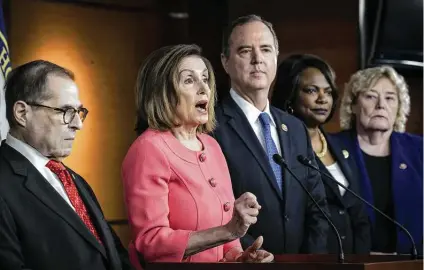  ?? Drew Angerer / Getty Images ?? Democratic Rep. Jerry Nadler, Speaker Nancy Pelosi, Rep. Adam Schiff, Rep. Val Demings and Rep. Zoe Lofgren attend a news conference to announce the House impeachmen­t managers.