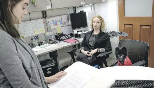  ?? BONNIE JO MOUNT / WASHINGTON POST ?? Noche, a Pomeranian who looks like a tiny bear, joins Kogod Center for Business Communicat­ions assistant director Shenandoah Sowash in listening while Sasha Gilthorpe practises her commenceme­nt speech.