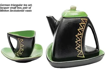  ??  ?? German triangular tea set; lacquer snuff box; pair of Minton Secessioni­st vases