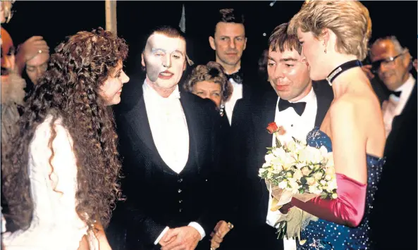  ??  ?? Musical fan: Diana with the Phantom stars and Andrew Lloyd Webber in 1986. Below, playing the piano in Prague in 1991