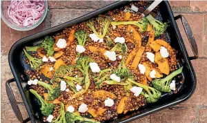  ?? PHOTOS: NICOLA GALLOWAY ?? Feta or grilled halloumi can be used instead of ricotta in the pumpkin, broccoli & lentil tray bake with quick pickled onions.