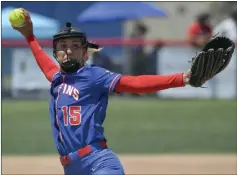  ?? ?? Los Alamitos pitcher Sydney Saldana threw a complete game Saturday to lead the Griffins to a win over Oaks Christian in the CIF-SS Division 1semifinal­s.