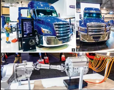  ??  ?? 1 & 2) The full range of new Cascadia models was on display. 3) Dana’s retrofit electric driveline.