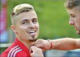  ?? KYLE FRANKO/TRENTONIAN PHOTO ?? Red Bulls player Florian Valot smiles during an appearance at the Rider men’s soccer team’s game on Friday night. Valot played two seasons at Rider.