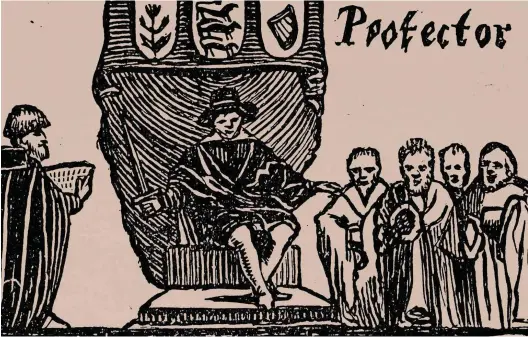  ??  ?? An image from a Dutch newspaper, Hollandsch­e Mercurius, shows Oliver Cromwell sitting below the arms of the Commonweal­th as lord protector. His inaugurati­on ceremony led to “great acclamatio­ns” on the streets of London