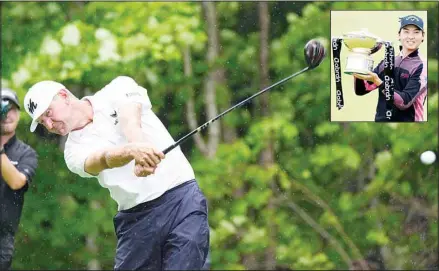  ?? (AP) ?? Lucas Glover hits off the 17th tee during the final round of the John Deere Classic golf tournament, on July 11, at TPC Deere Run in Silvis, Illinois. (Inset): Australia’s Min Woo Lee holds the trophy after winning the Scottish Open at The Renaissanc­e Club, North Berwick, Scotland, on July 11.