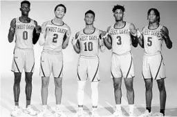  ?? COURTESY AMPUP MEDIA ?? West Oak Academy starts five major-college prospects, from left to right: Fray Nguimbi, Jadrian Tracey, AJ Neal, Selton Miguel and AJ Staton.