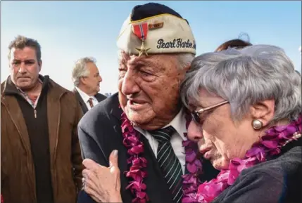  ?? STEPHANIE KEITH, GETTY IMAGES ?? Pearl Harbour survivor Armando (Chick) Galella gets emotional after a wreath-laying ceremony on Thursday in New York City.