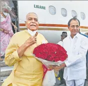  ?? PTI ?? Prime Minister Narendra Modi arrives at the Hyderabad airport; and Telangana CM K Chandrashe­kar Rao receives Yashwant Sinha on Saturday.