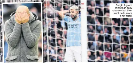  ??  ?? Sergio Aguero misses an easy chance - but then went on to score a hat-trick!