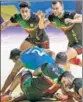  ?? PTI ?? Iranian kabaddi team tackles down an Indian raider during their semifinal encounter.