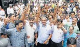  ?? PTI ?? Goa CM Manohar Parrikar takes part in a rally after winning the Panaji byelection in Goa on Monday.