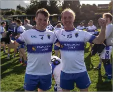  ??  ?? Proud dad Ta O’Brien celebrates with playing along side his son George as Pats beat Kilcoole in the Junior ‘C’ football final.