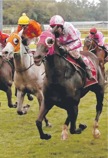  ?? Picture: ANNA ROGERS ?? BETTER GOING: Scherzoso, ridden wide by Hall of Fame hoop Robert Thompson, wins at Cairns in front of last year’s Cleveland Bay Handicap winner Grey Missile.