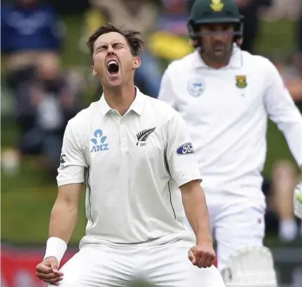  ?? AP PIC ?? New Zealand’s Trent Boult reacts after a catch was dropped off his bowling on day four of the first Test against South Africa at University Oval, Dunedin, New Zealand on Saturday.