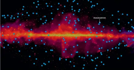  ??  ?? Under tio år har rymdtelesk­opet Fermi registrera­t 186 gammablixt­ar. I mitten syns Vintergata­n.
Gammablixt