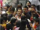  ?? — BIPLAB BANERJEE ?? Congress chief Rahul Gandhi poses for a selfie at the ‘ Mahila Adhikar Sammelan’ in New Delhi on Tuesday.