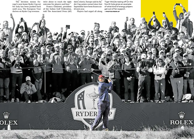  ?? —PHOTOS FROM AP ?? ADRENALINE-PUMPING This 2018 photo showing Tiger Woods teeing off on the fourth hole gives an example of what kind of energy players get out of fan support.