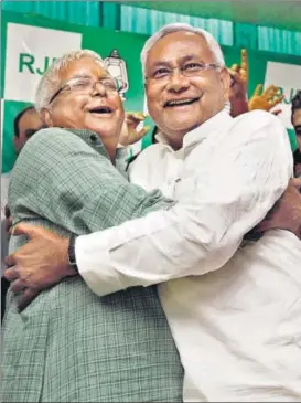  ?? HT FILE ?? Lalu Prasad and Nitish Kumar celebrate after Grand Alliance won the Bihar state polls in 2015.