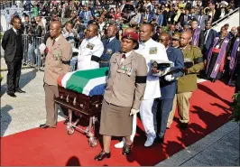  ?? OUPA MOKOENA / ANA / REALTIME / ZUMA PRESS ?? The body of Winnie Madikizela-Mandela is carried during funeral services at Orlando Stadium in Soweto on Saturday.