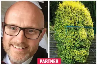  ??  ?? Jolly green giant: Partner Andrew has also been portrayed in the back hedge...along with his glasses