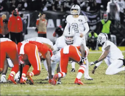  ?? Heidi Fang ?? Las Vegas Review-journal @Heidifang Giorgio Tavecchio (2), lining up for a field goal against Kansas City in October, was waived by the Raiders on Friday, a source said.