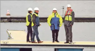  ??  ?? Brendan O’Hara and Fergus Murray visit the new transit berths in Oban with Michelle Van der Stighelen, the MP’s parliament­ary assistant, and Kirsteen McDonald, project manager, Oban berths.