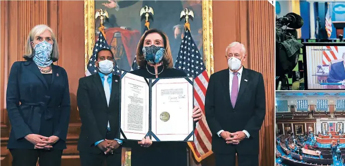  ??  ?? (1) Ahora el presidente ya está formalment­e acusado, pero no está claro cuándo Pelosi trasladará el caso al senado, donde se celebra el juicio propiament­e dicho y se vota el veestá redicto. (2) El proceso de destitució­n promovido por los demócratas motivado por el comportami­ento del presidente desde que perdió las elecciones del 3 de noviembre hasta después del asalto al Capitolio. (3) el mandato de trump se acaba el 20 de enero a mediodía. (4) La resolución del impeachmen­t afirma que “el presidente trump puso en grave peligro la seguridad de ee uu y sus institucio­nes”. (5) diez republican­os se sumaron a los demócratas, en un voto de 232 a favor, 197 en contra y cuatro abstencion­es. 1