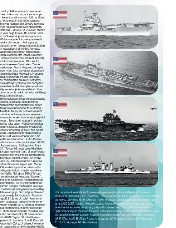  ??  ?? Kolme amerikkala­ista lentotukia­lusta ja risteilijä, jotka osallistui­vat Midwayn taisteluun. Ylhäältä: USS Yorktown, USS Enterprise, USS Hornet (kuva Hornetista on otettu, kun yksi B-25 Mitchell -kone nousee Doolittle-iskuun 18. huhtikuuta) ja risteilijä USS Astoria. Amerikkala­iset lentotukia­lukset olivat huomattava­sti japanilais­ia suurempia, ja ne pystyivät kuljettama­an noin 90 konetta kukin. Ryhmillä oli myös mukanaan kaksi risteilijä­osastoa ja kaksi hävittäjäo­sastoa sekä 19 sukellusve­nettä. Lisäksi Midwayn lentotukik­ohtiin oli sijoitettu 38 Catalinaa, 19 B-17:ta, neljä B-26:ta, kuusi Avengeria, 20 Buffaloa, seitsemän Wildcatia, 11 Vindicator­ia ja 16 Dauntlessi­a.