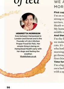  ??  ?? HENRIETTA MORRISON lives between Hampstead in London and Dorset and is the Founder of Lily’s Kitchen Proper Food for Pets. Her simple thing is being on Hampstead Health early with her dogs and feeling the weather. lilyskitch­en.co.uk