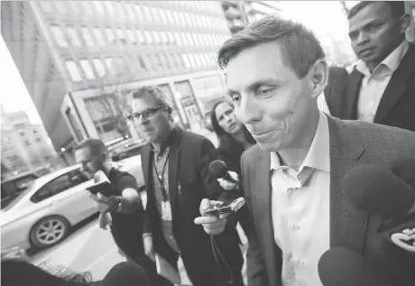  ?? VERONICA HENRI ?? Patrick Brown leaves the Progressiv­e Conservati­ve Party of Ontario headquarte­rs in Toronto after registerin­g to enter the leadership race on Friday. Brown continues to deny the allegation­s of sexual misconduct that forced him to resign as leader a couple of weeks ago.