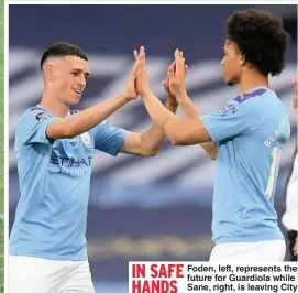  ??  ?? Foden, left, represents the future for Guardiola while Sane, right, is leaving City