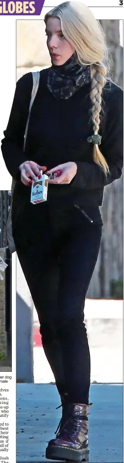  ??  ?? KEEPING IT CASUAL: Anya Taylor-Joy in Los Angeles with a packet of Marlboro Lights and wearing chunky Doc Martens