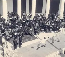  ??  ?? of the Olympia and Bequests Committee’s board, which administer­s the Zappeion Hall, Giorgos Christou (left). Center: Fencing at the 1896 Summer Olympics. Right: The site photograph­ed during a recent ceremony.