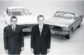  ?? AP ?? Ford executives Donald Frey, left, and Lee Iacocca stand in front of a 1960 Falcon and a 1965 Mustang in March 1965.