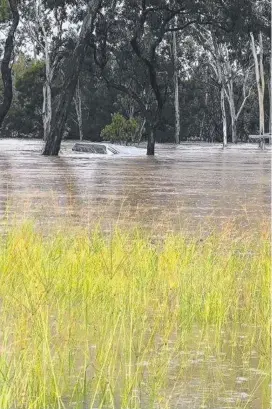  ??  ?? OFF THEY GO: Wombinoo Station shed going under water. The caravan and shipping container washed away.