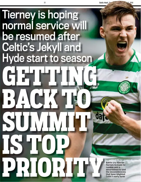  ??  ?? Battle cry: Kieran Tierney is ready to rumble and is determined to end the inconsiste­ncies that have blighted Celtic’s early form