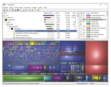  ??  ?? Met de freeware Windirstat kun je mappen achterhale­n met veel grote bestanden. Hoe groter het blok in de grafische weergave, des te groter het bestand.