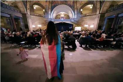  ?? Photograph: Charlie Riedel/AP ?? Glenda Starke counterpro­tests during a rally in favor of a ban on gender-affirming healthcare legislatio­n on 20 March at the Missouri statehouse.