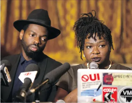  ?? CHRISTINNE MUSCHI ?? SLAV Resistance Committee members Ricardo Lamour and Elena Stoodley spoke Wednesday about the cancellati­on of SL V, noting the group wants an apology from Theatre du Nouveau Monde for hosting the show the group claims is an example of cultural appropriat­ion.
