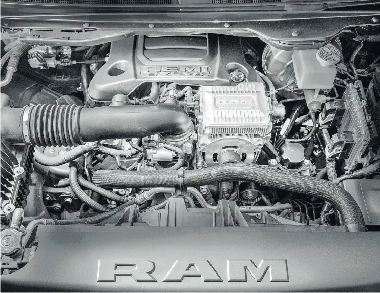  ?? —FCA ?? A 2019 Ram 1500 5.7-litre HEMI engine with torque belt-starter generator that is being offered as a factory option. The unit helps return power to the engine.