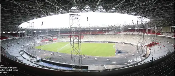  ?? WAHYUDIN/JAWA POS - GRAFIS: ANDREW/JAWA POS ?? KEBUT PENYELESAI­AN: Kondisi bagian dalam Stadion Utama Gelora Bung Karno (SUGBK) pada 18 Agustus lalu. Arena tersebut juga akan menjadi venue utama untuk Asian Para Games (APG) 2018.