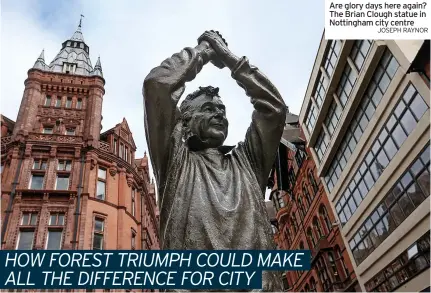  ?? JOSEPH RAYNOR ?? Are glory days here again? The Brian Clough statue in Nottingham city centre