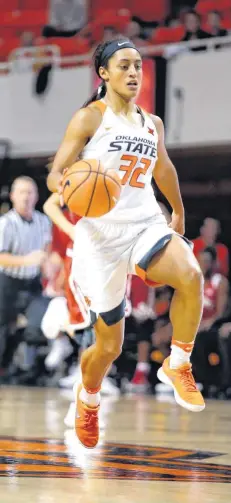  ?? [PHOTO BY SARAH PHIPPS, THE OKLAHOMAN] ?? Oklahoma State’s Loryn Goodwin hops as she dribbles up court during a recent game college game.