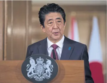  ?? BLOOMBERG ?? Shinzo Abe, Japan’s prime minister, speaks during a news conference in London on Thursday.