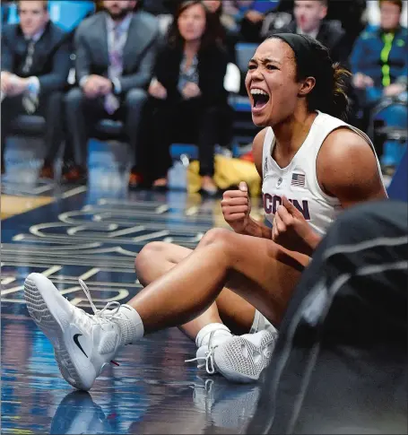  ?? SEAN D. ELLIOT/THE DAY ?? UConn’s Napheesa Collier cheers after being fouled on a made basket during the first half of Monday’s game against No. 11 South Carolina at the XL Center in Hartford. Collier completed the three-point play and went on to finish with 31 points, 16 rebounds and six assists as the No. 4 Huskies pulled away in the second half for a 97-79 win over the Gamecocks. Visit www.theday.com to view a photo gallery.